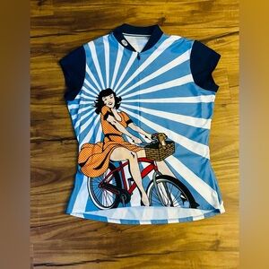 SUGOI Blue and White Graphic Cycling Jersey with Retro Rider Print